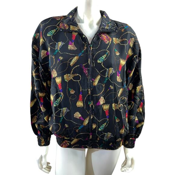 Vintage 90s Rhoda Lynne 100% Silk Tassel Print Bomber Jacket - Size Small - Picture 9 of 9